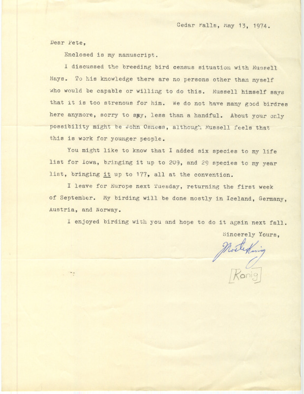 Draft article written by Morten Konig. Konig discusses birds that can be found in northeast Iowa and some of the best places for sighting them. This manuscript was sent with a letter dated May 13, 1974 to Pete Petersen, editor of Iowa Bird Life.