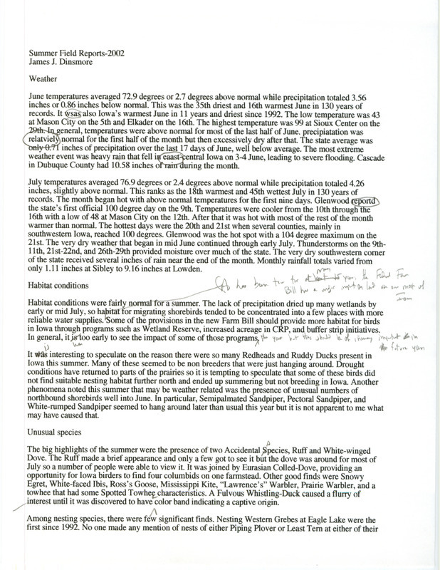 Quarterly field report for the summer of 2002 annotated and compiled by James J. Dinsmore.