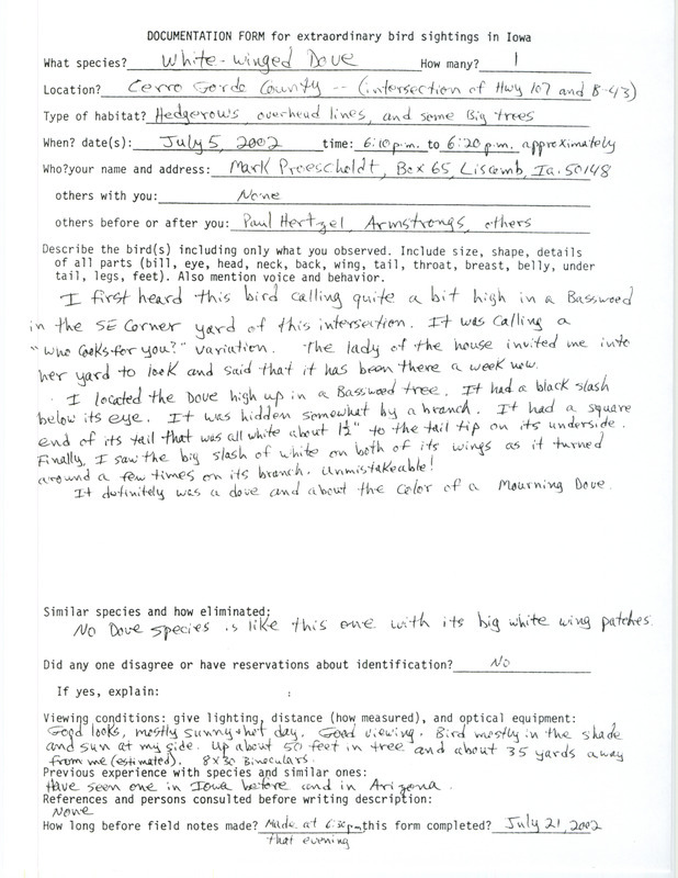 Documentation of a White-winged Dove sighting in Cerro Gordo County contributed by Mark Proescholdt, July 5, 2002. This item was used as supporting documentation for the Iowa Ornithologists' Union Quarterly field report of summer 2002.