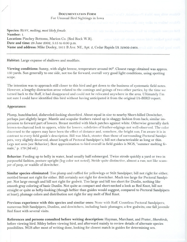 Documentation of a Ruff sighting at Pinchey Bottoms contributed by Michael C. Dooley, June 28, 2002. This item was used as supporting documentation for the Iowa Ornithologists' Union Quarterly field report of summer 2002.