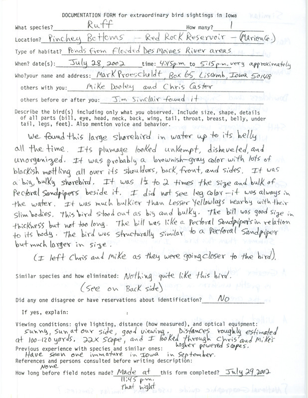 Documentation of a Ruff sighting at Pinchey Bottoms contributed by Mark Proescholdt, July 28, 2002. Also includes details on similar species and how they were eliminated from identification. This item was used as supporting documentation for the Iowa Ornithologists' Union Quarterly field report of summer 2002.