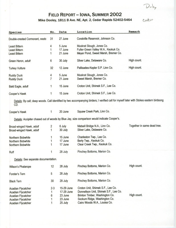 Summer report of birds found in eastern Iowa contributed by Michael C. Dooley. This item was used as supporting documentation for the Iowa Ornithologists' Union Quarterly field report of summer 2002.