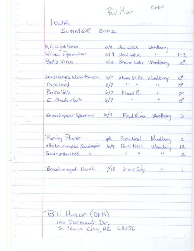 Summer report of birds found in Woodbury County contributed by Bill F. Huser. This item was used as supporting documentation for the Iowa Ornithologists' Union Quarterly field report of summer 2002.