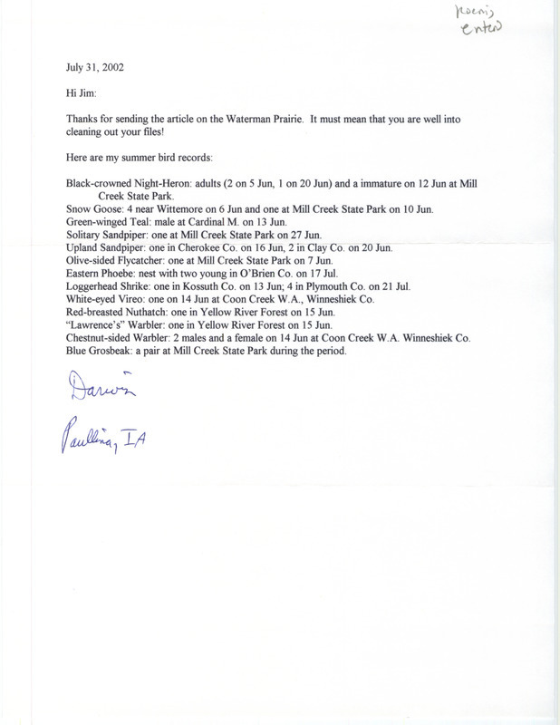 Letter from Darwin Koenig to James J. Dinsmore regarding summer bird sightings, July 31, 2002. This item was used as supporting documentation for the Iowa Ornithologists' Union Quarterly field report of summer 2002.