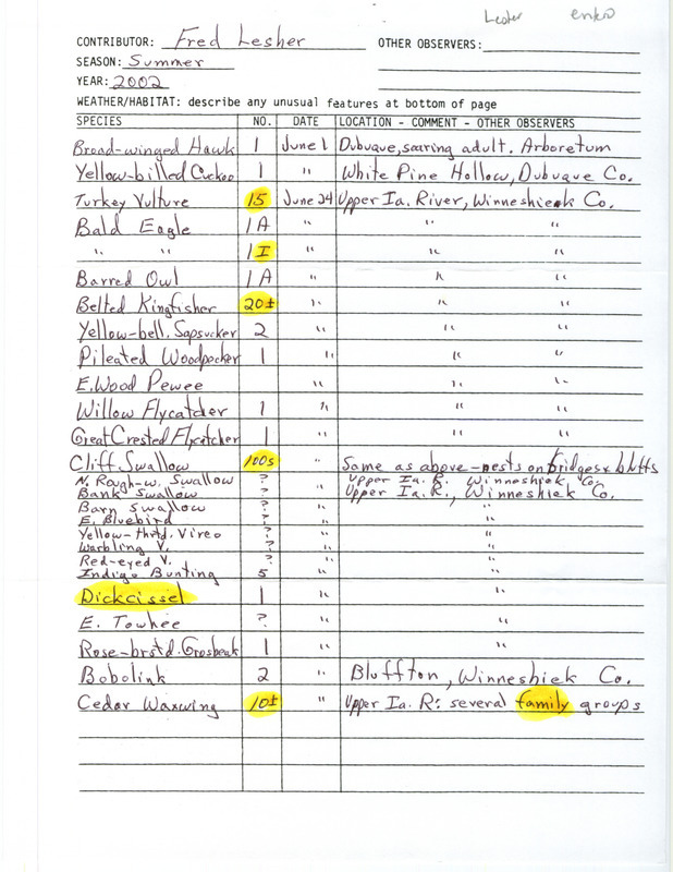 Summer report of birds found in eastern Iowa contributed by Fred Lesher. This item was used as supporting documentation for the Iowa Ornithologists' Union Quarterly field report of summer 2002.