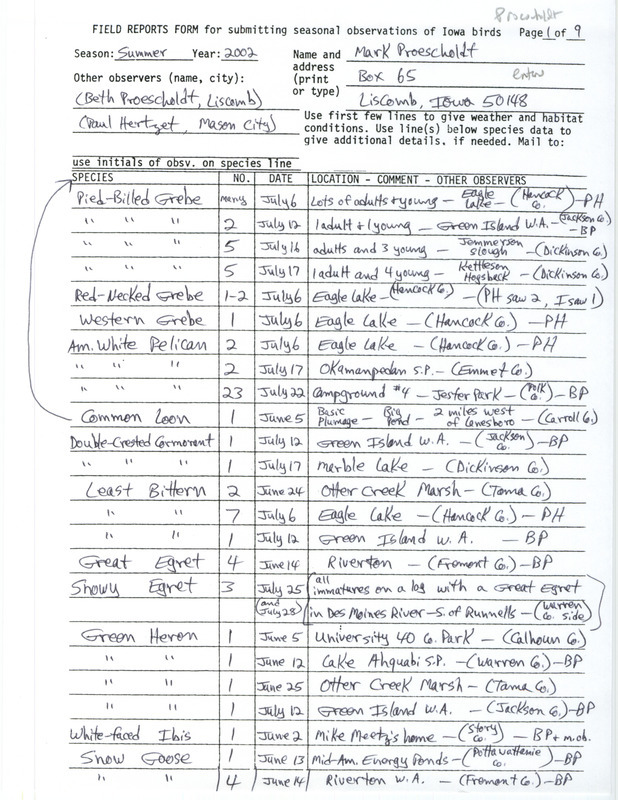 Summer report of birds and locations contributed by Mark Proescholdt. This item was used as supporting documentation for the Iowa Ornithologists' Union Quarterly field report of summer 2002.