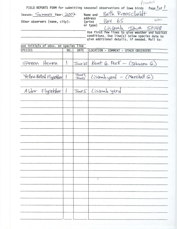 Summer report of birds and locations contributed by Beth Proescholdt. This item was used as supporting documentation for the Iowa Ornithologists' Union Quarterly field report of summer 2002.