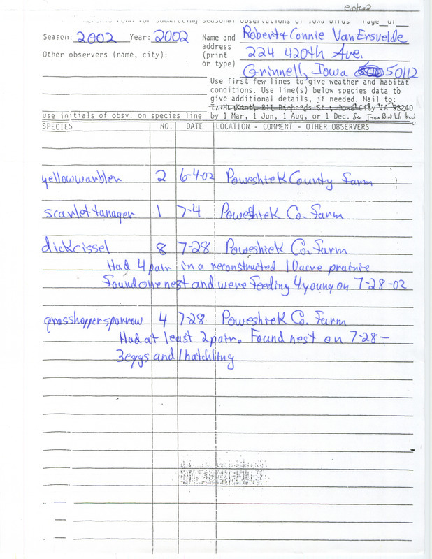 Summer report of birds found in Poweshiek County contributed by Robert VanErsvelde and Connie VanErsvelde. This item was used as supporting documentation for the Iowa Ornithologists' Union Quarterly field report of summer 2002.