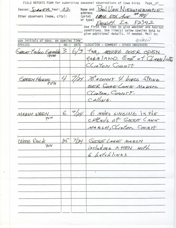 Summer report of birds and locations contributed by Paul Van Nieuwenhuyse. This item was used as supporting documentation for the Iowa Ornithologists' Union Quarterly field report of summer 2002.