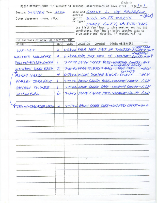 Summer report of birds and locations contributed by Gerald Von Ehwegen. This item was used as supporting documentation for the Iowa Ornithologists' Union Quarterly field report of summer 2002.