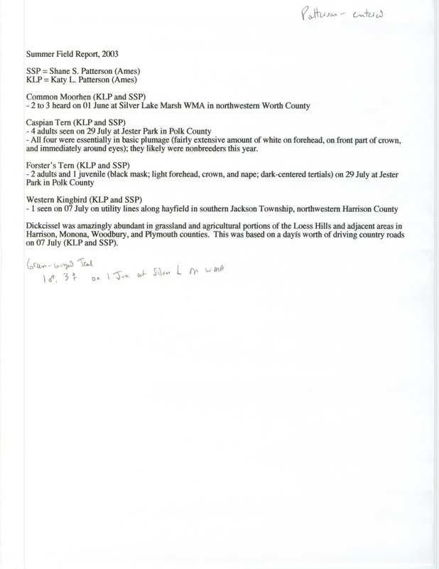 List of birds and locations contributed by Shane S. Patterson and Katy L. Patterson. This item was used as supporting documentation for the Iowa Ornithologists' Union Quarterly field report of summer 2003.