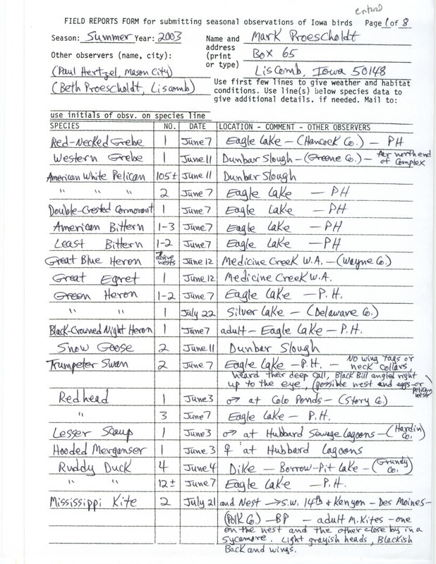 List of birds and locations contributed by Mark Proescholdt with observers Beth Proescholdt, L. Paul Hertzel, Rita Goranson and Jan L. Walter. This item was used as supporting documentation for the Iowa Ornithologists' Union Quarterly field report of summer 2003.