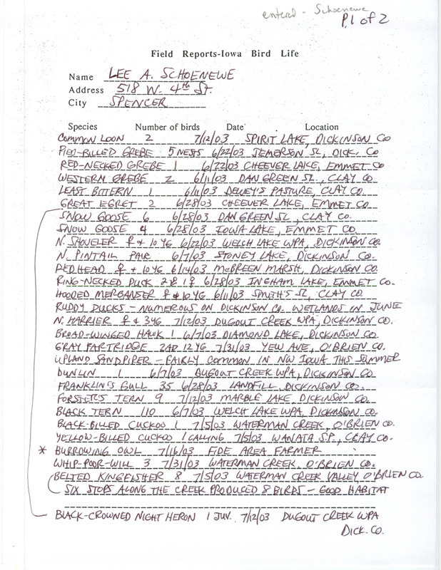 List of birds and locations contributed by Lee A. Schoenewe. This item was used as supporting documentation for the Iowa Ornithologists' Union Quarterly field report of summer 2003.