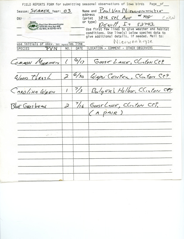 List of birds and locations contributed by Paul Van Nieuwenhuyse. This item was used as supporting documentation for the Iowa Ornithologists' Union Quarterly field report of summer 2003.