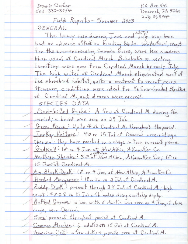 List of birds and locations contributed by Dennis L. Carter. Included with the field notes is a postcard detailing the sighting of a Black Tern. This item was used as supporting documentation for the Iowa Ornithologists' Union Quarterly field report of summer 2004.