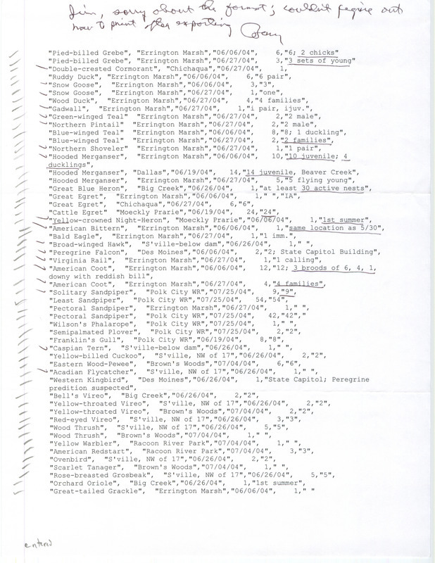 List of birds and locations contributed by Bery Engebretsen. This item was used as supporting documentation for the Iowa Ornithologists' Union Quarterly field report of summer 2004.