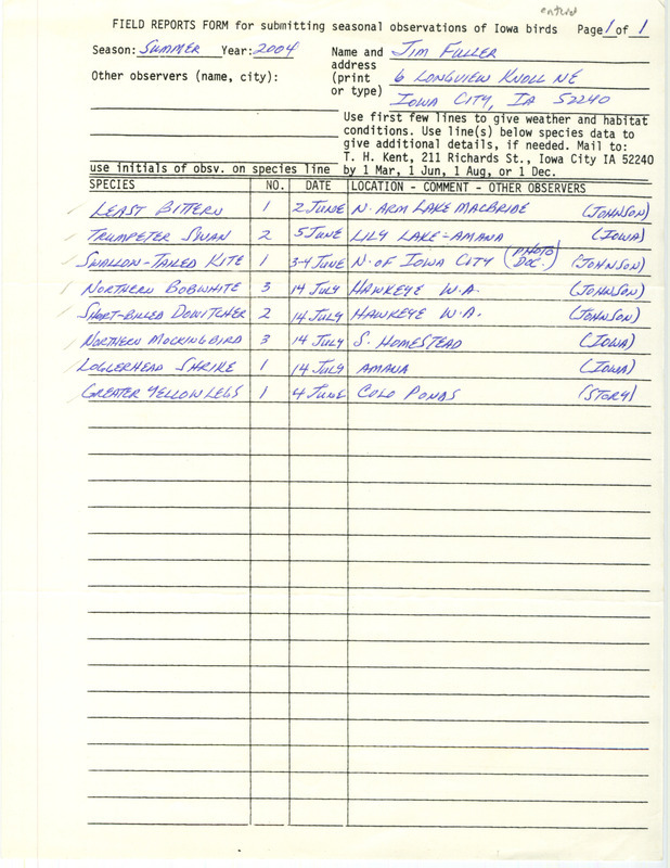 List of birds and locations contributed by James L. Fuller. This item was used as supporting documentation for the Iowa Ornithologists' Union Quarterly field report of summer 2004.