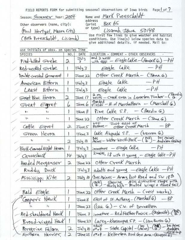 List of birds and locations contributed by Mark Proescholdt with observers Beth Proescholdt, L. Paul Hertzel and James Scheib. This item was used as supporting documentation for the Iowa Ornithologists' Union Quarterly field report of summer 2004.