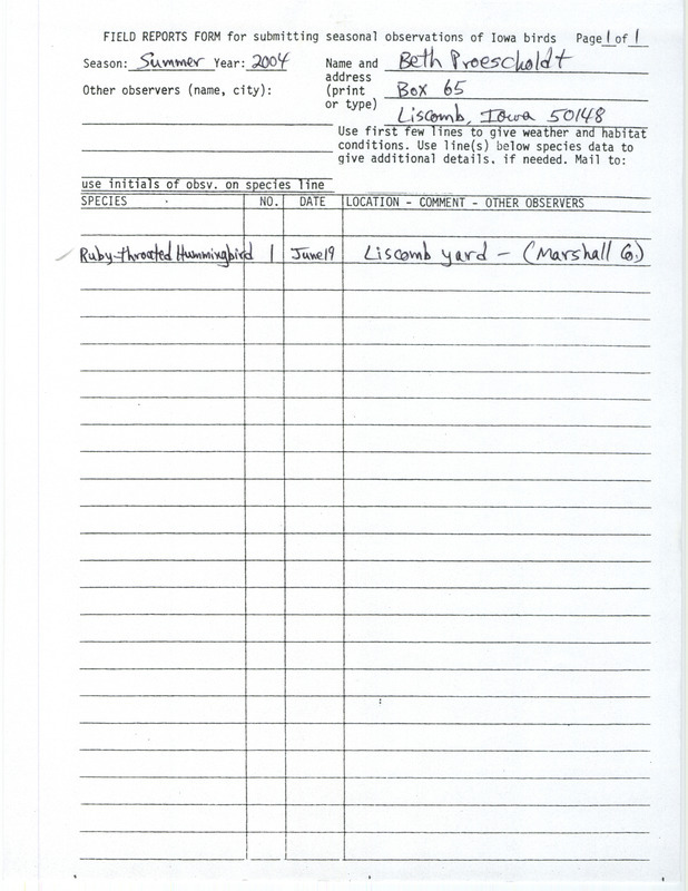 List of birds and locations contributed by Beth Proescholdt. This item was used as supporting documentation for the Iowa Ornithologists' Union Quarterly field report of summer 2004.