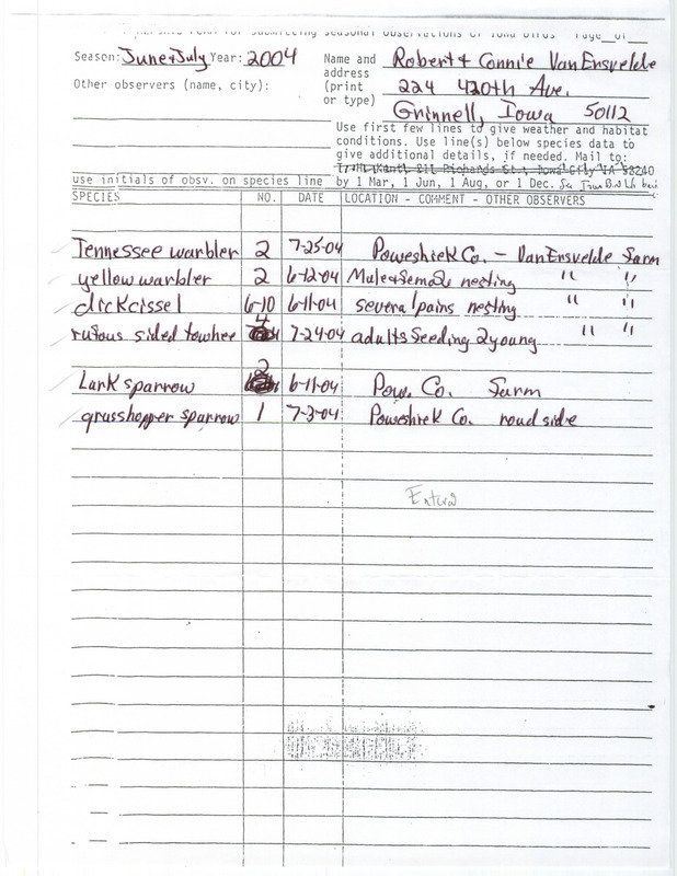 List of birds and locations contributed by Robert Van Ersvelde and Connie Van Ersvelde. This item was used as supporting documentation for the Iowa Ornithologists' Union Quarterly field report of summer 2004.