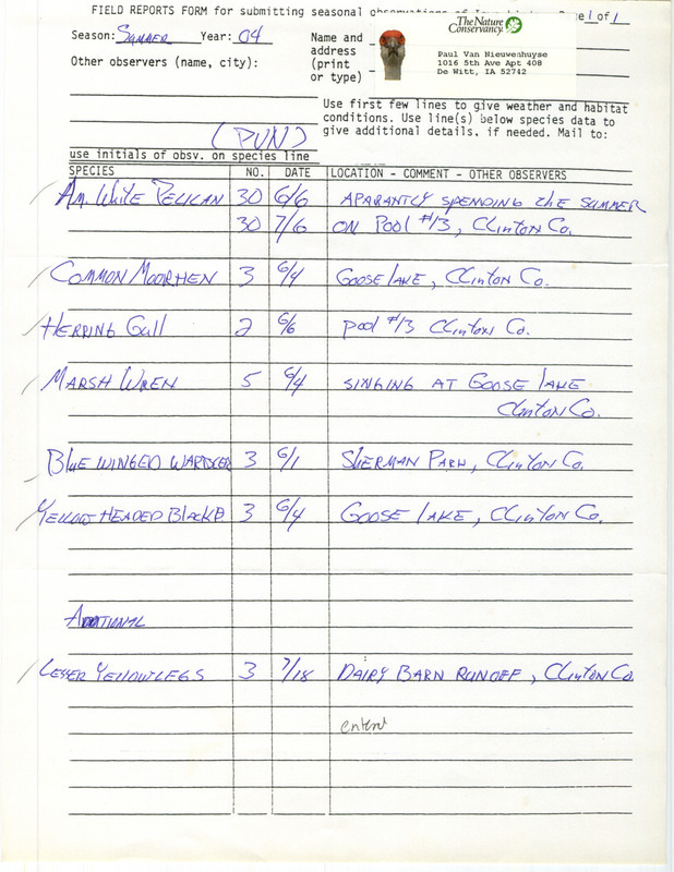 List of birds and locations contributed by Paul Van Nieuwenhuyse. This item was used as supporting documentation for the Iowa Ornithologists' Union Quarterly field report of summer 2004.