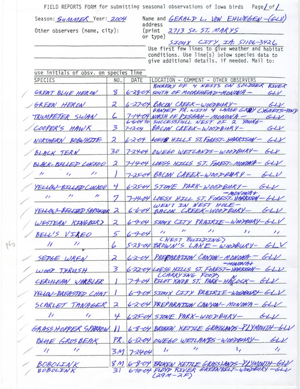 List of birds and locations contributed by Gerald Von Ehwegen. This item was used as supporting documentation for the Iowa Ornithologists' Union Quarterly field report of summer 2004.