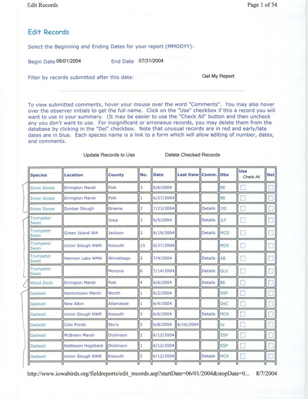 Compiled field reports to create the official IOU Quarterly Field Reports for summer 2004. This item was used as supporting documentation for the Iowa Ornithologists' Union Quarterly field report of summer 2004.