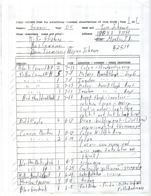 Summer report of birds and locations contributed by Thomas N. Johnson. This item was used as supporting documentation for the Iowa Ornithologists' Union Quarterly field report of summer 2005.