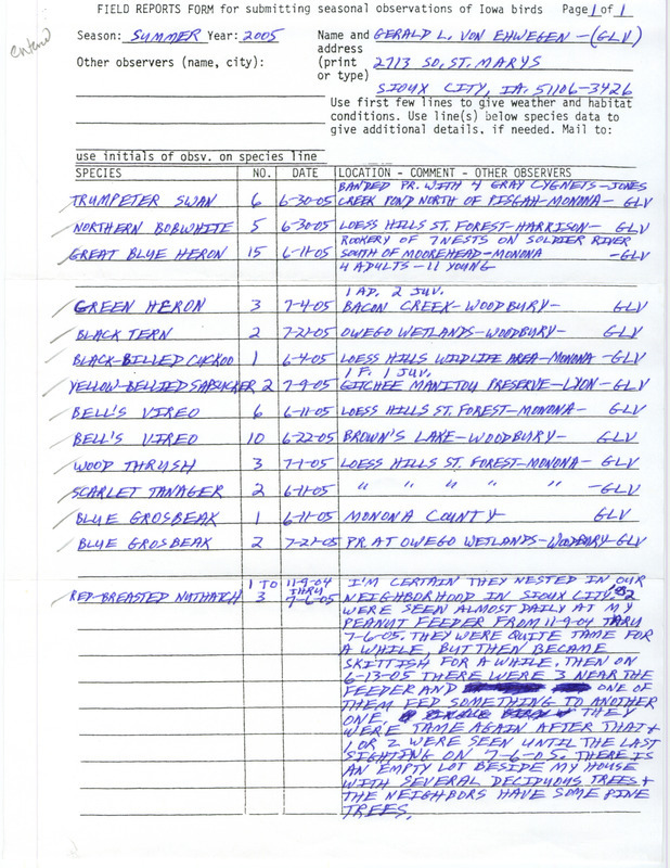 Summer report of birds found in western Iowa contributed by Gerald Von Ehwegen. This item was used as supporting documentation for the Iowa Ornithologists' Union Quarterly field report of summer 2005.