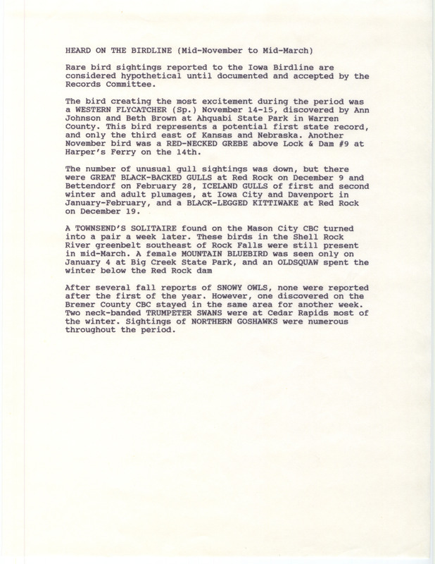 Summary of the Iowa Birdline update for April 1-June 1, 1994. Highlights of the update include April sightings of a Western Tanager, a Sprague's Pipit, and a potential first state record observation of a Fish Crow. Other interesting reports include sightings of a Purple Gallinule, a Ruff, a large assortment of unusual waterfowl at Silver Lake in Worth County, and many rare bird sightings at Blue Lake in Monona County.