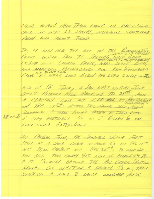 Notes for the Iowa Birdline update for December 19, 1988. Highlights of the update include the results of several Christmas Bird Counts from around the state. Also of note were the interesting birds that were observed during the County, including Sandhill Cranes, an adult Great Black-backed Gull, Glaucous Gulls, and Northern Saw-whet Owls.