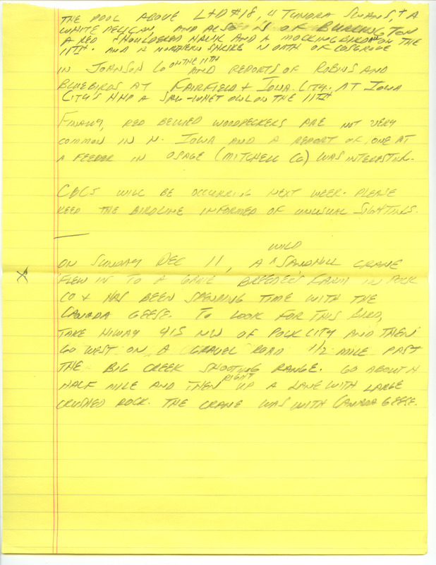 Notes for the Iowa Birdline update for December 12, 1988. Highlights of the update include sightings of several species of Gulls, a brief appearance of a Brant, and a pair of Barrow's Goldeneyes. Also of note were sightings of Sandhill Cranes and a Red-bellied Woodpecker that was spotted at a feeder.