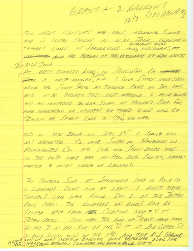 Notes for the Iowa Birdline update for December 5, 1988. Highlights of the update include sightings of three species of Owls, two species of Scoters, Glaucous Gulls, Thayer's Gulls, Long-tailed Ducks, and the return of the Black-legged Kittiwake.