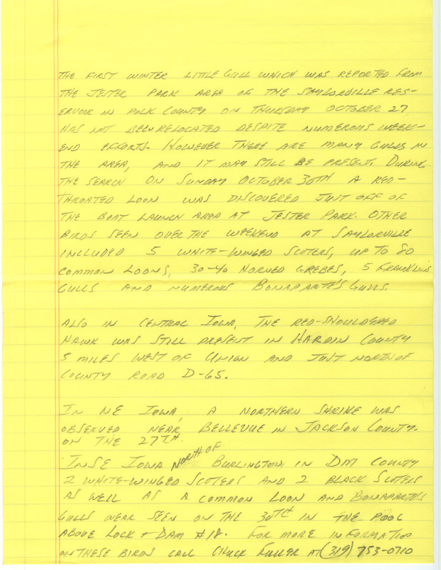 Notes for the Iowa Birdline update for October 31, 1988. Highlights of the update include the sighting of a first winter Little Gull and the continued presence of a Red-shouldered Hawk. Also of note were sightings of White-winged Scoters, Common Loons, Bonaparte's Gulls, and Hooded Mergansers. In addition, a Pileated Woodpecker was observed at its usual location on Credit Island.