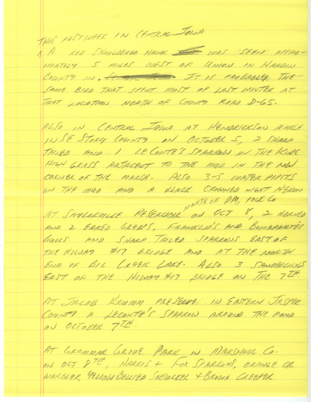 Notes for the Iowa Birdline update for October 10, 1988. Highlights of the update include sightings of a Red-shouldered Hawk, a Red-breasted Nuthatch, Horned Grebes, Eared Grebes, Franklin's Gulls, Bonaparte's Gulls, and several species of Sparrows.