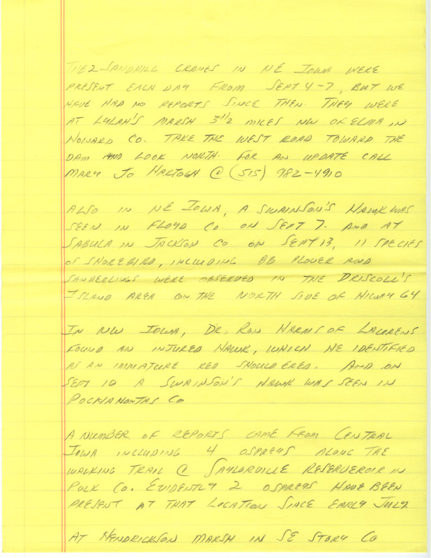 Notes for the Iowa Birdline update for September 13, 1988. Highlights of the update include sightings of a Swainson's Hawk, two Sandhill Cranes, four Ospreys, and numerous Caspian Terns. Also of note were observations of many species of shorebirds, ten species of Warblers, and a discovery of an injured immature Red-shouldered Hawk.