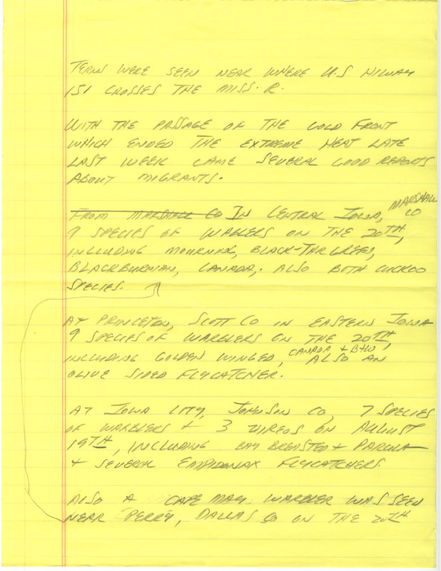 Notes for the Iowa Birdline update for August 18, 1988. Highlights of the update include sightings of an Ibis species, House Finches, a Little Blue Heron, Snowy Egrets, American Avocets, Marbled Godwits, and a Yellow-crowned Night Heron. Also of note was the sizable number of migrant observations, especially Warblers.