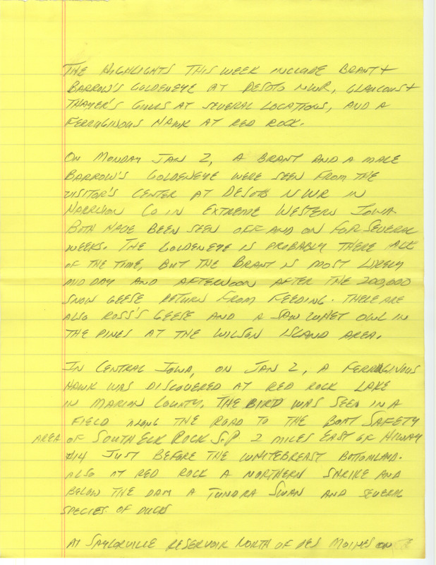 Notes for the Iowa Birdline update for January 2, 1989. Highlights include Brant and Barrow's Goldeneye sightings, Glaucous and Thayer's Gull sightings, and the sighting of a Ferruginous Hawk. Includes summaries of Christmas County sightings.