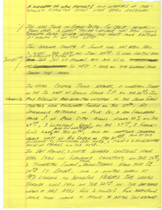 Notes for the Iowa Birdline update for January 28, 1989. Highlights include the sightings of a Great-tailed Grackle and a Snowy Owl along with updates on previously reported birds.