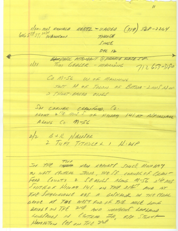 Notes for the Iowa Birdline update for January 30, 1989. Highlights include sightings of Snowy Owls, a Great-tailed Grackle and a Varied Thrush.