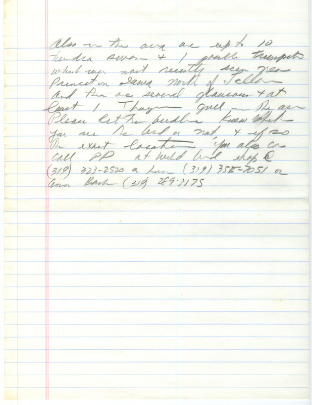 Notes for the Iowa Birdline update for February 13, 1989. Highlights include sightings of a Slaty-backed Gull, an Evening Grosbeak and an albino Barred Owl.