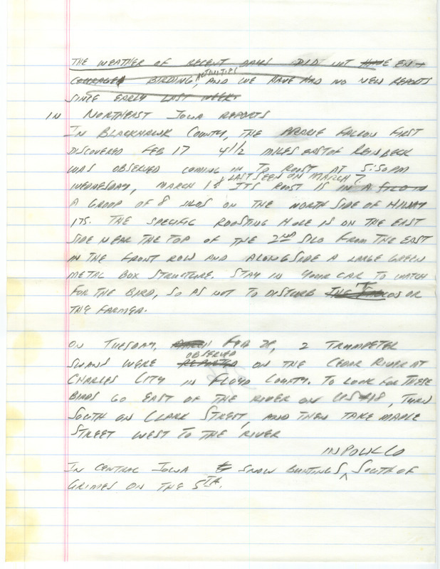 Notes for the Iowa Birdline update for January 20, 1989. Highlights include continued sightings of a Slaty-backed Gull. Included with this document is a script for the Iowa Birdline update for March 6, 1989. Highlights include a flock of Mountain Bluebirds.