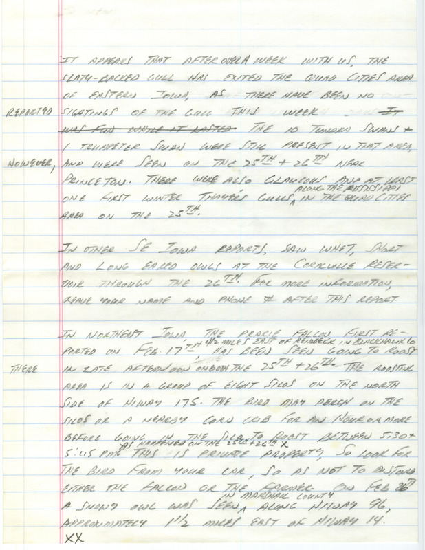 Notes for the Iowa Birdline update for February 27, 1989. Highlights include Trumpeter and Tundra Swans, Glaucous and Thayer's Gulls, and a roosting Prairie Falcon.