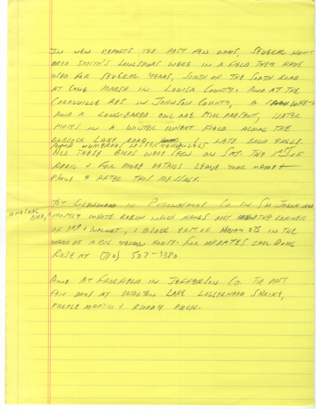 Notes for the Iowa Birdline update for March 27, 1989. Highlights include migration reaching full swing for waterfowl and early passerines and the sighting of a mostly white American Robin.