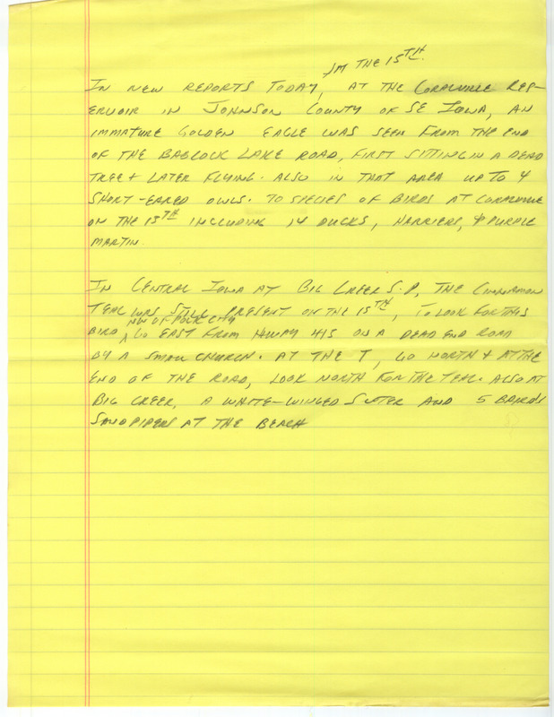 Notes for the Iowa Birdline update for April 10, 1989. Highlights include Cinnamon Teals, a Black Scoter, Smith's Longspurs, and a Golden Eagle.