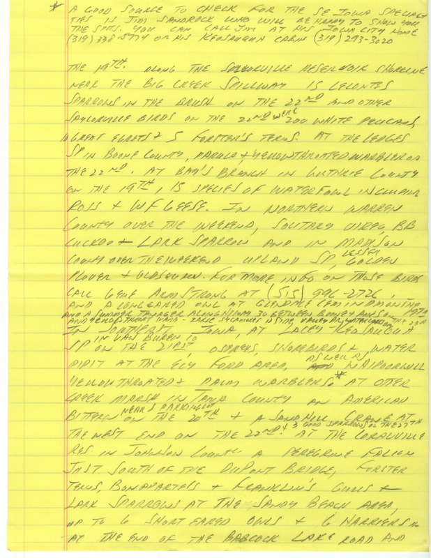 Notes for the Iowa Birdline update for April 24, 1989. Highlights include warmer weather bringing Warblers, Chimney Swifts and Broad-winged Hawks into the state.There have also been sightings of Western Grebes and Peregrine Falcons.