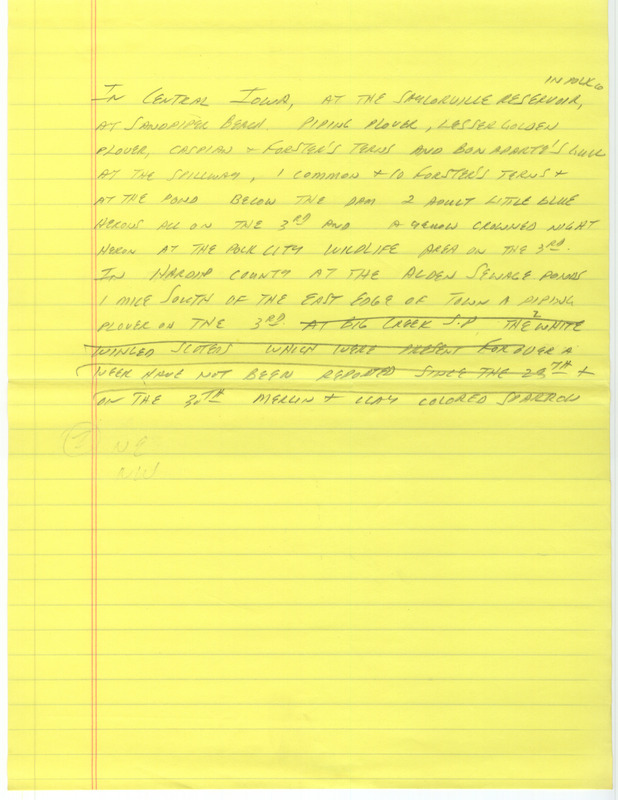 Notes for the Iowa Birdline update for May 8, 1989. Highlights include the sighting of all five Rail species in one area within a week.