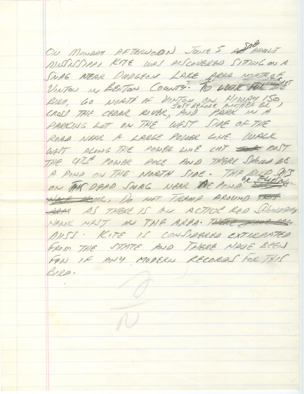 Notes for the Iowa Birdline update for June 5, 1989. Highlights include the sighting of a Mississippi Kite and Prairie, Hooded and Worm-eating Warblers being sighted in different parts of the state.