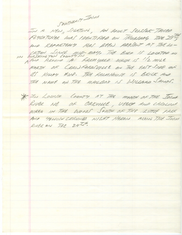 Notes for the Iowa Birdline update for June 26, 1989. Highlights include a Scissor-tailed Flycatcher, a Marbled Godwit with Willets, and Worm-eating Warblers feeding their young.