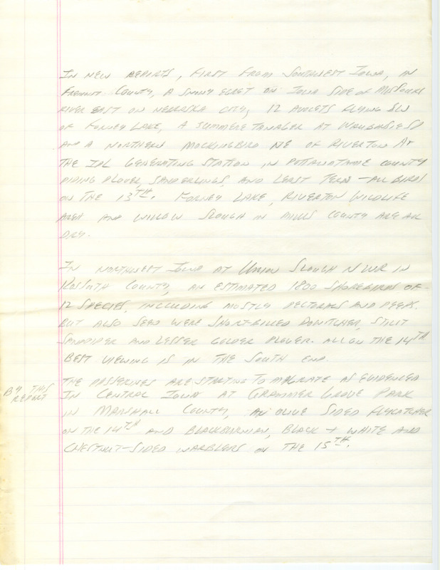 Notes for the Iowa Birdline update for August 14, 1989. Highlights include more shorebird sightings, the beginning of the passerine migration and an update on the released Peregrine Falcons.